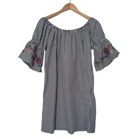 J Gee Shift Dress Women M Black White Check Embroidered On Off Shoulder Peasant - Picture 1 of 9